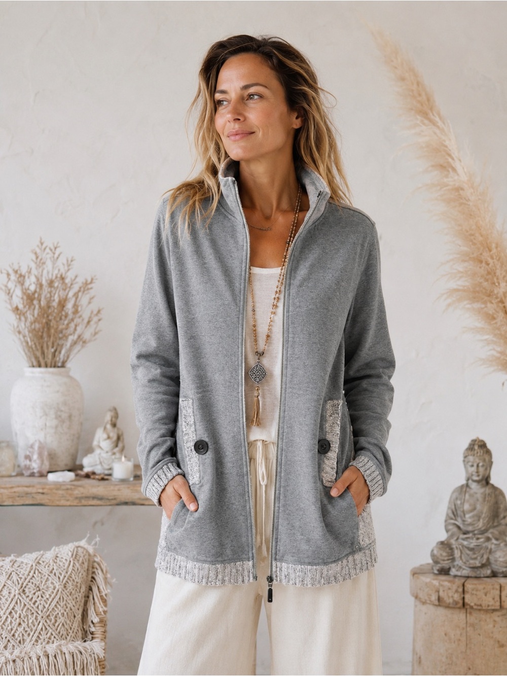 Neon buddha mix media gray zipper pocket artsy cardigan sz small cotton
